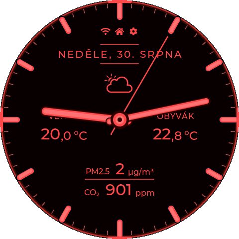 Analogový ciferník Waveshare Hodiny v červeném nočním režimu