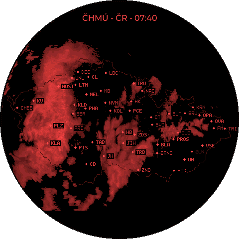 Meteoradar ČHMÚ na displeji Waveshare Hodiny v červeném nočním režimu